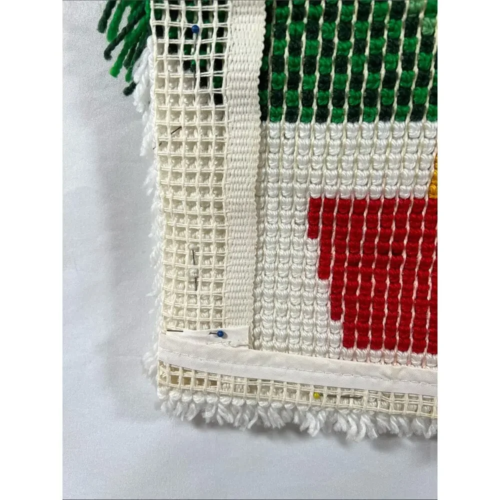 Vintage Mid Century Hand Made Christmas Tree Latch Hook Rug Wall Hanging 30x13